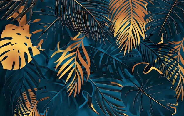 Vector gold and dark vector turquoise tropical leaves on dark background