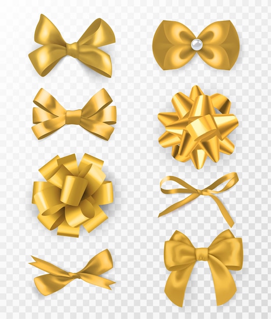 Vector gold decorative bows. 3d silk ribbon with decorative bow, golden holiday packaging element, card or page decor, elegant gift tape vector set on transparent background