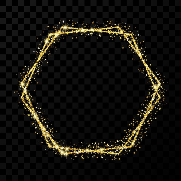 Gold double hexagon frame. modern shiny frame with light effects isolated on dark transparent background. vector illustration.