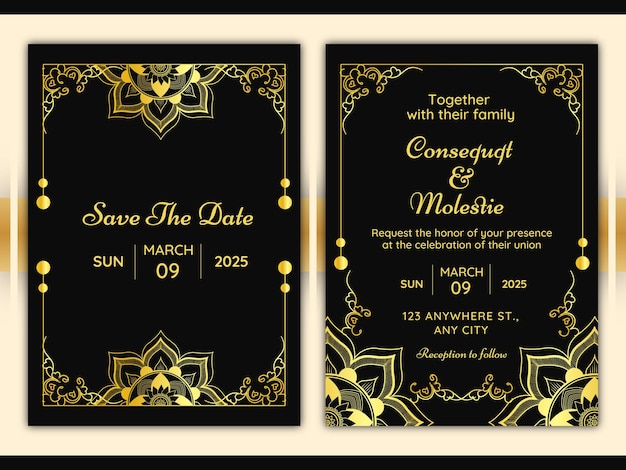 Gold effect simple mandala wedding invitation card design with black background