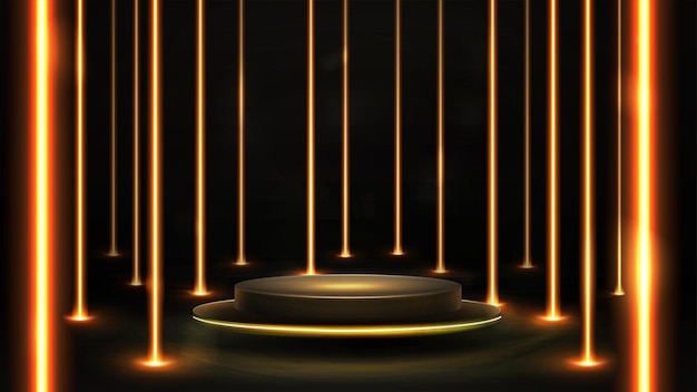Vector gold empty podium floating in the air in dark scene with wall of line vertical gold neon lamps around