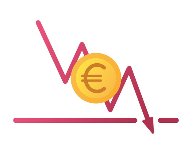 Gold euro coin and a chart where the line with an arrow goes down and breaks through the bottom. eur