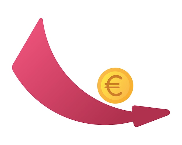 La moneta in euro d'oro scorre lungo la linea della freccia in giù del grafico. crisi concettuale eur. declino del diagramma