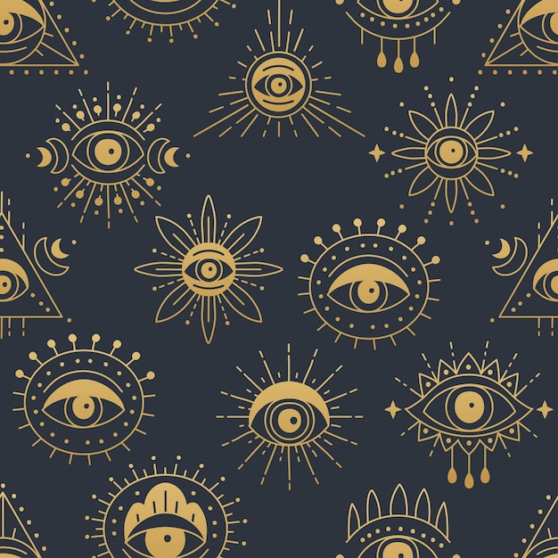 Gold evil doodle eye seamless pattern with hand drawn witchcraft eye talisman magical