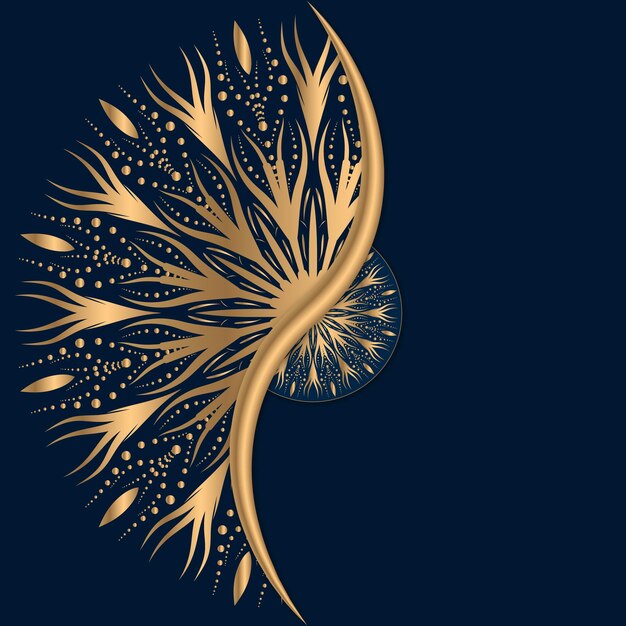 A gold feather with a gold leaf on a dark background.