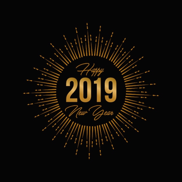 Vector gold fireworks new year 2019 greeting card and logo