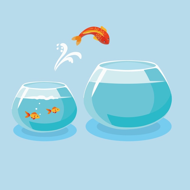 Vector gold fish diving to another glass bowl