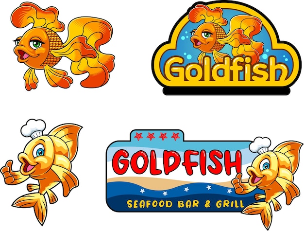Gold Fish Or Goldfish Cartoon Character Logo Design. Vector Hand Drawn Collection Set