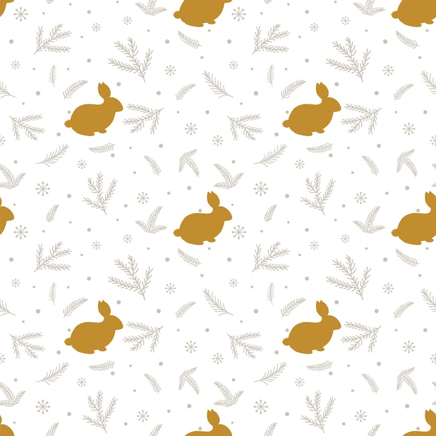 Vector gold floral christmas pattern with rabbits golden hares fir branches background golden winter forest texture winter holiday seamless pattern winter new year 2023 wallpaper vector illustration