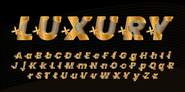 Font in oro dal design moderno lettere dell'alfabeto in metallo realistico con fiori dorati