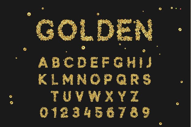 Set di caratteri dorati con lettere di paillettes dorate.