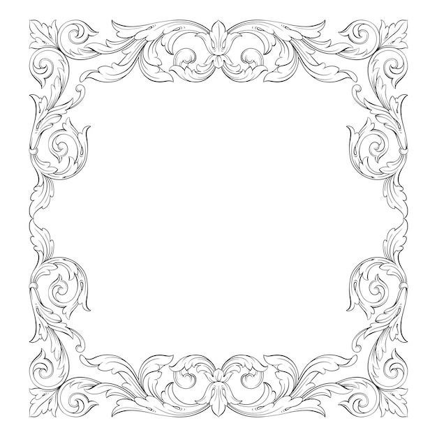 Gold Frame and Border with baroque style.  Black and white color. Floral engraving decoration