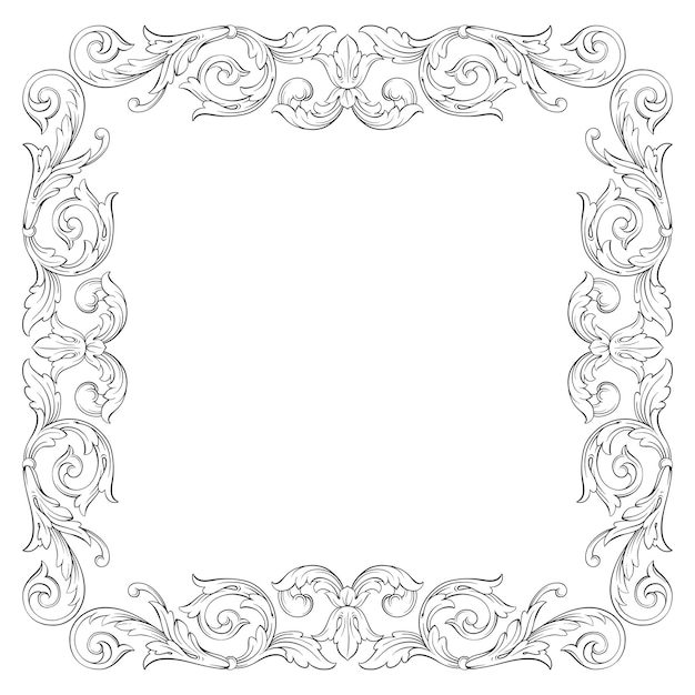 Gold Frame and Border with baroque style.  Black and white color. Floral engraving decoration