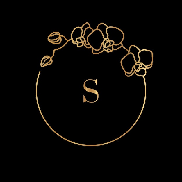 Gold frame template orchid flower and monogram concept with the letter s in minimal linear style. vector floral logo with copy space for text. emblem for cosmetics, medicines, food, fashion, beauty