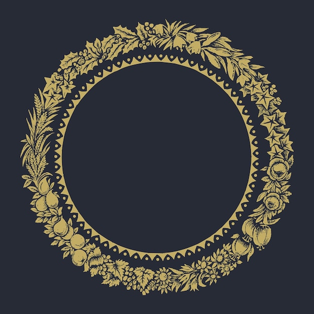 Gold frame with a circle of flowers and leaves vector art illustration