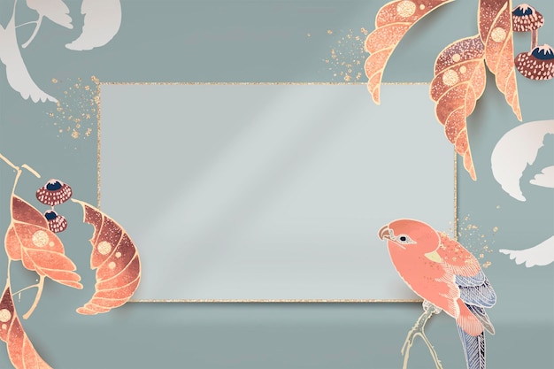 Vector gold frame with a parrot and leaf motifs on a teal background vector