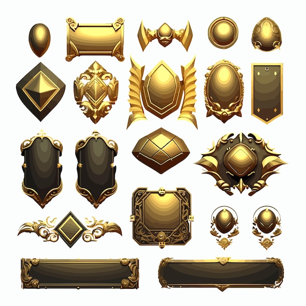 Gold game ui frames medieval menu elements buttons or banners with golden ornament Isolated on background Cartoon vector illustration