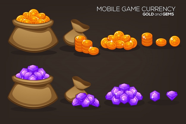 Gold and gems, mobile game currency, vector object collection