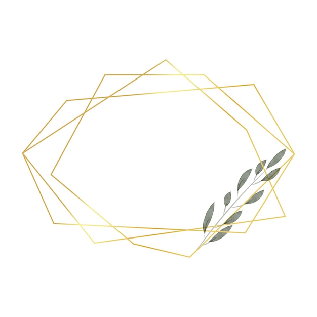 Вектор Золотая геометрическая рамка с листьями в стиле акварели роскошная многоугольная рамка