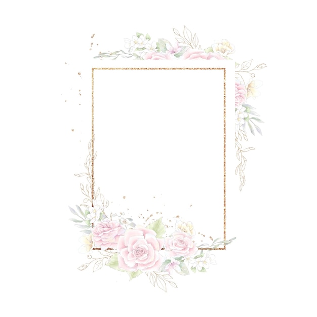 Gold geometric frame with roses. Watercolor illustration.