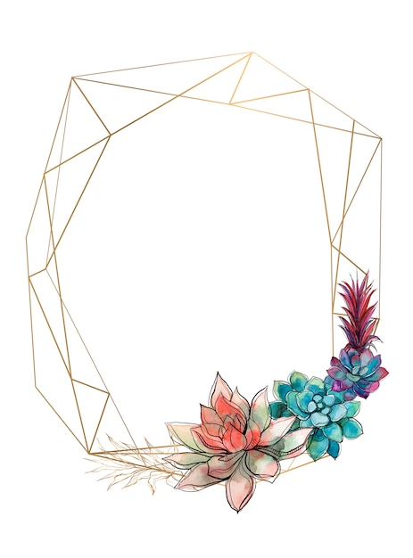 Vector gold geometric frame with succulents