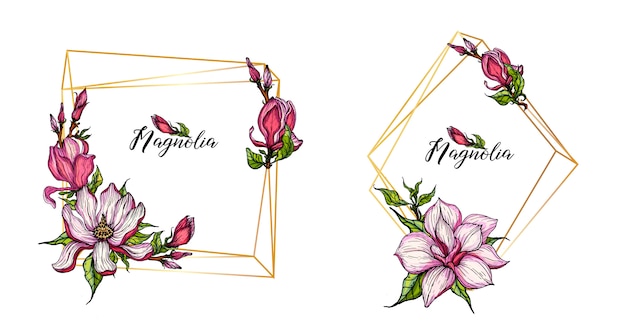 Cornici dorate geometriche in oro con fiori di magnolia