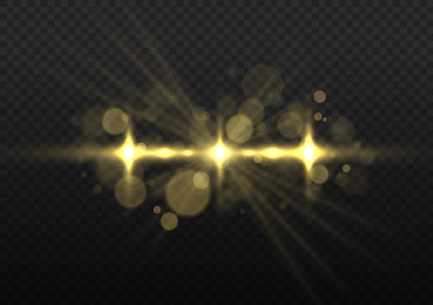 Effetto luce bagliore oro stella splendente sole scintille luci bokeh glitter flare sparkles set vector