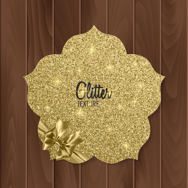 Gold, glitter background with realistic bow. greeting card.