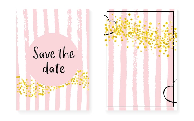 Gold glitter cards with dots and sequins. Wedding and bridal shower invitation set with confetti. Vertical stripes background. Stylish gold glitter cards for party, event, save the date flyer.