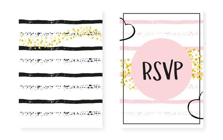 Vector gold glitter cards with dots and sequins. wedding and bridal shower invitation set with confetti. vertical stripes background. trendy gold glitter cards for party, event, save the date flyer.