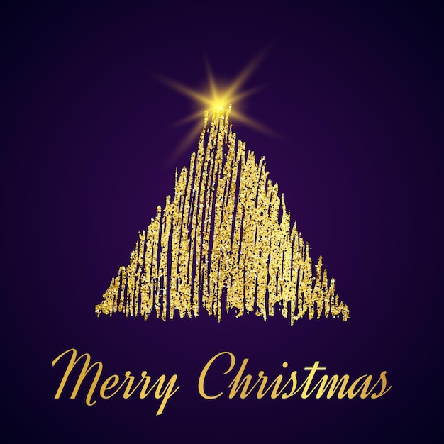 Золотой блеск елки в стиле эскиза на темно-фиолетовом фоне. с новым годом дизайн карты. векторная иллюстрация.