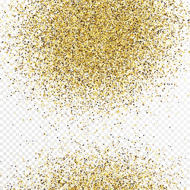 Gold glitter confetti backdrop isolated on white transparent background. Celebratory texture with shining light effect. Vector illustration.