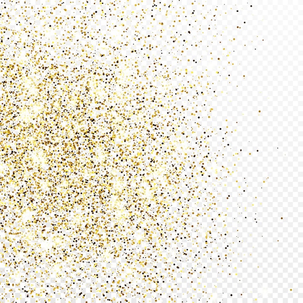 Gold glitter confetti backdrop isolated on white transparent background. celebratory texture with shining light effect. vector illustration.