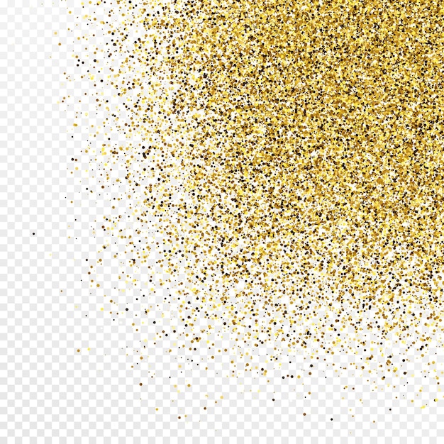 Gold glitter confetti backdrop isolated on white transparent background. Celebratory texture with shining light effect. Vector illustration.