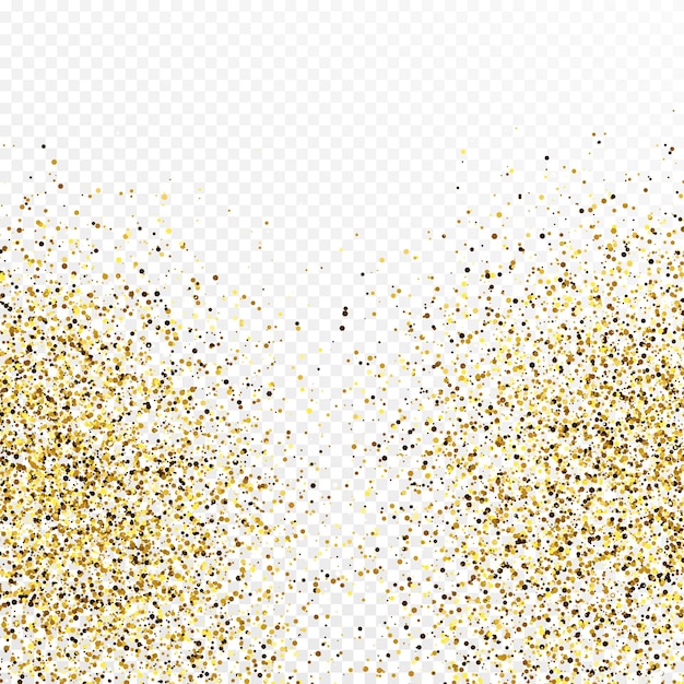 Золотой блеск конфетти фон, изолированные на белом прозрачном фоне. Праздничная текстура с ярким световым эффектом. Векторная иллюстрация.