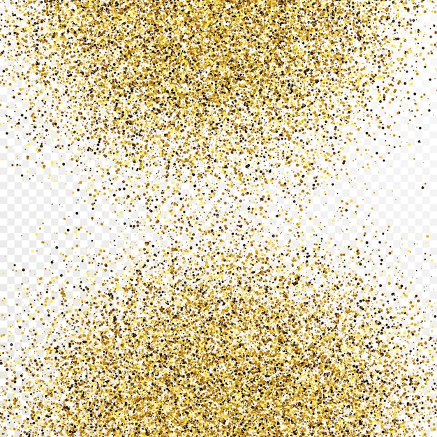 Gold glitter confetti backdrop isolated on white transparent background. Celebratory texture with shining light effect. Vector illustration.