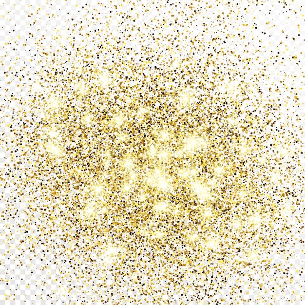 Gold glitter confetti backdrop isolated on white transparent background. celebratory texture with shining light effect. vector illustration.