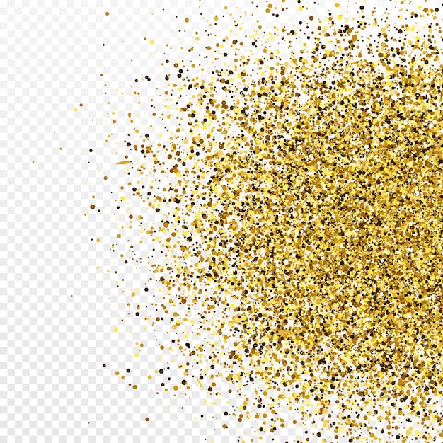 Gold glitter confetti backdrop isolated on white transparent background. celebratory texture with shining light effect. vector illustration.
