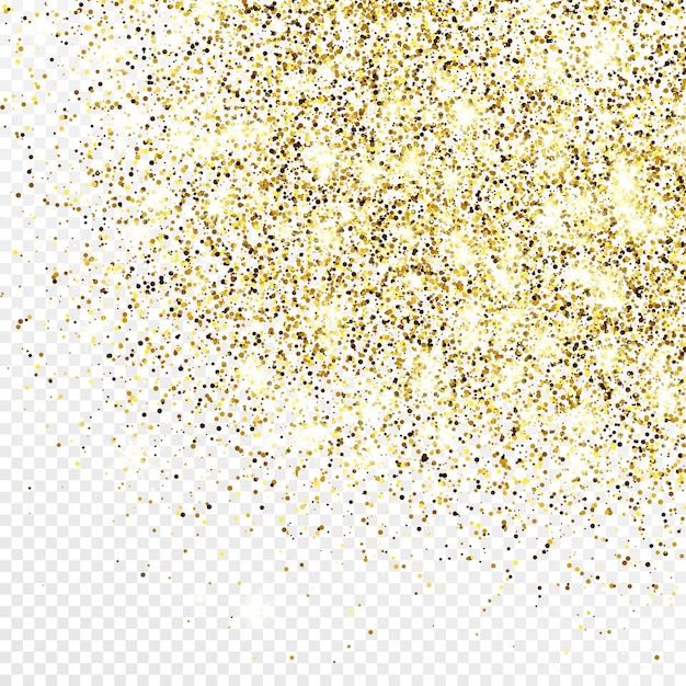 白の透明な背景に分離されたゴールドのキラキラ紙吹雪の背景。輝く光の効果を持つお祝いの質感。ベクトルイラスト。