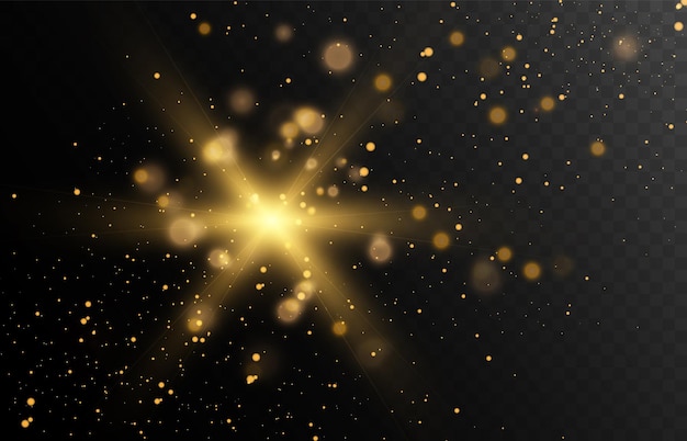 Gold glitter dust on a dark background with lens flares and light effects