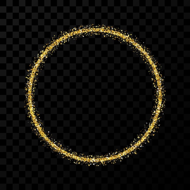 Gold glitter frame. Circle frame with shiny sparkles on dark transparent background. Vector illustration