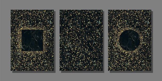 Gold glitter frames set on black marble background for luxury templates greeting cards covers
