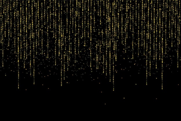 Gold glitter garlands hanging vertical lines. Falling confetti lights isolated on black background. Luxury glowing texture. Dust, bokeh, sparkles, stars. Vector holiday background.