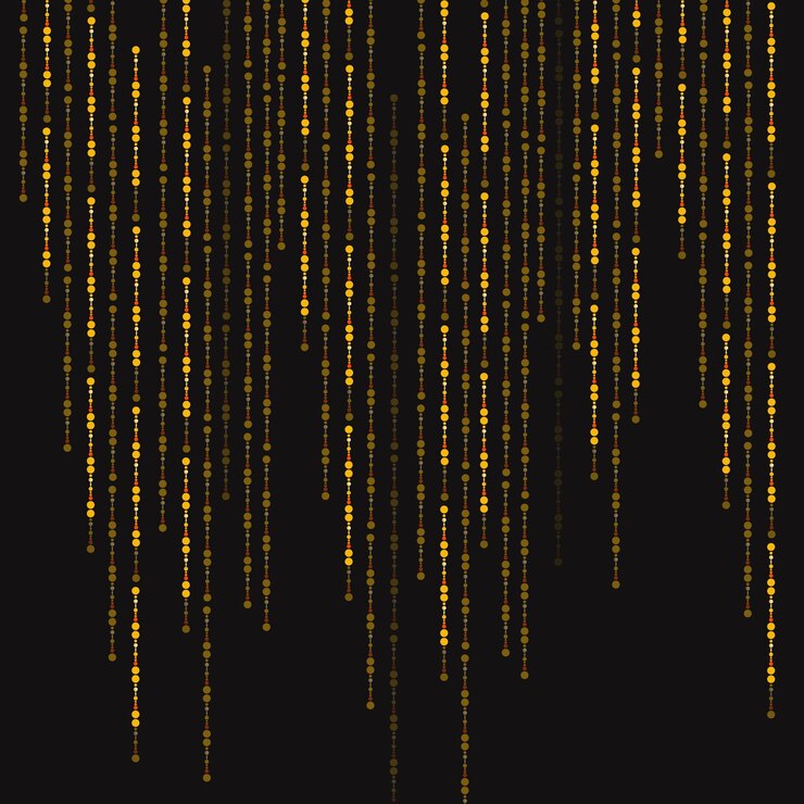 Vector gold glitter garlands hanging vertical lines falling confetti lights isolated on black background luxury glowing texture dust bokeh sparkles stars