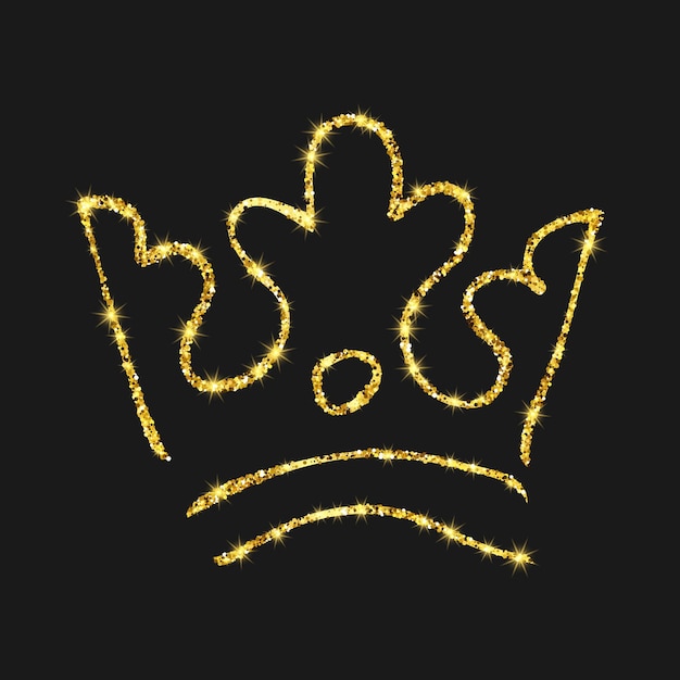 Gold glitter hand drawn crown. simple graffiti sketch queen or king crown. royal imperial coronation and monarch symbol isolated on dark background. vector illustration.