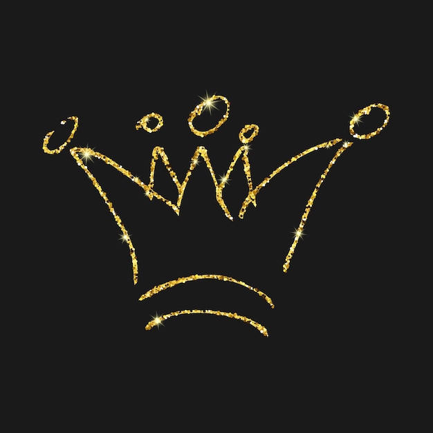 Gold glitter hand drawn crown Simple graffiti sketch queen or king crown Royal imperial coronation and monarch symbol isolated on dark background Vector illustration