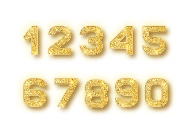 Gold glitter numbers set with shadow