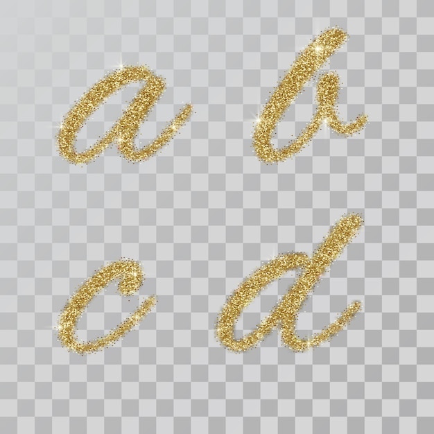 手描きスタイルのゴールドラメパウダーレターa、b、c、d。透明な背景のベクトル図