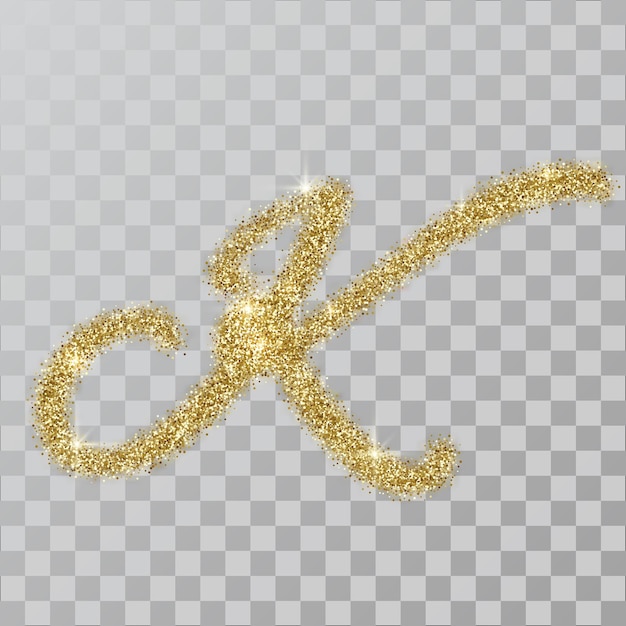 Lettera k in polvere glitter oro in stile dipinto a mano. illustrazione vettoriale su sfondo trasparente