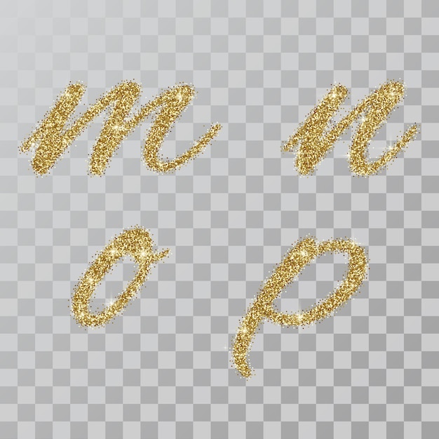 gold glitter powder letters  m, n, o, p  in  hand painted style. vector illustration on transparent background